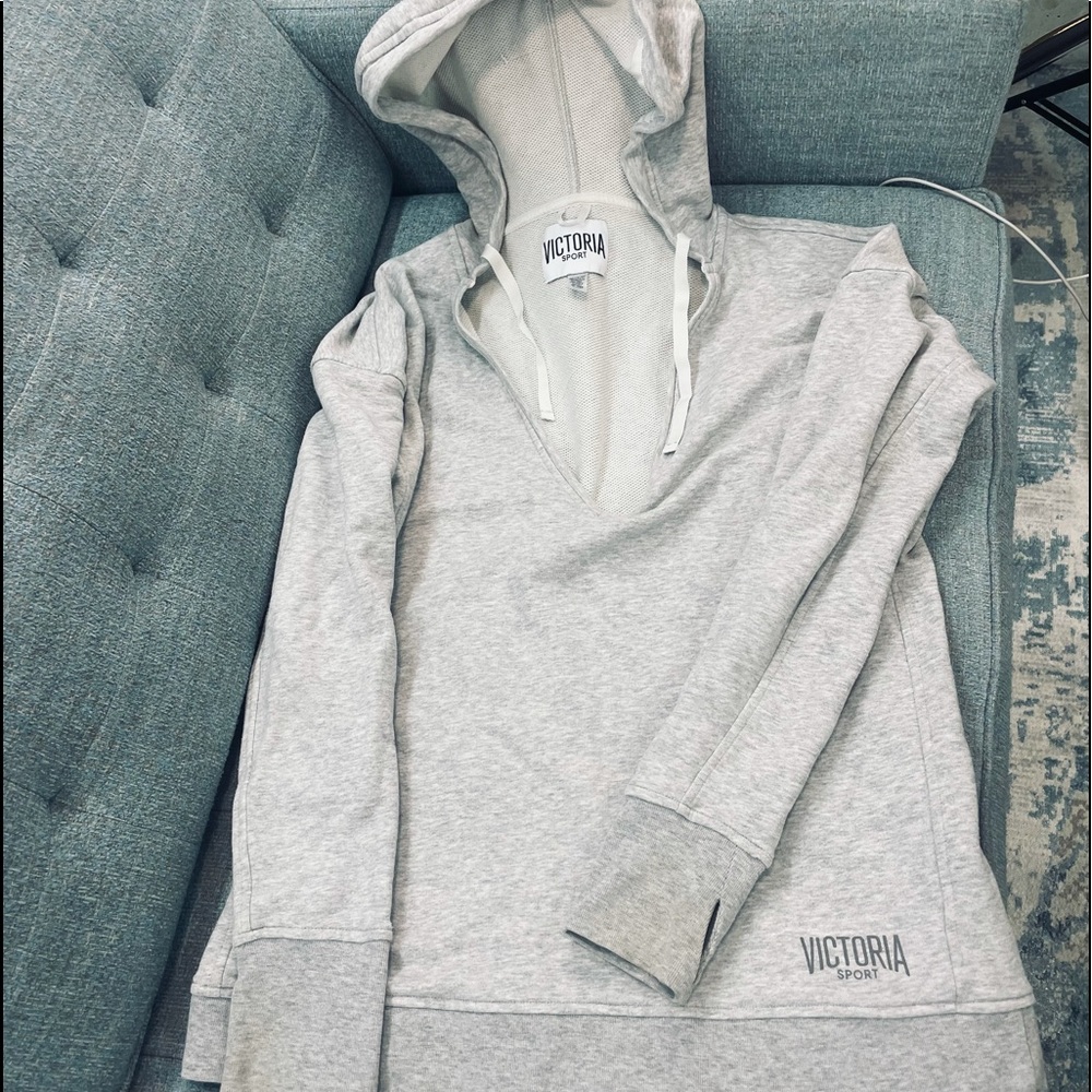 Victoria’s Secret Heathered gray deep V hoodie, size L, with thumbholes